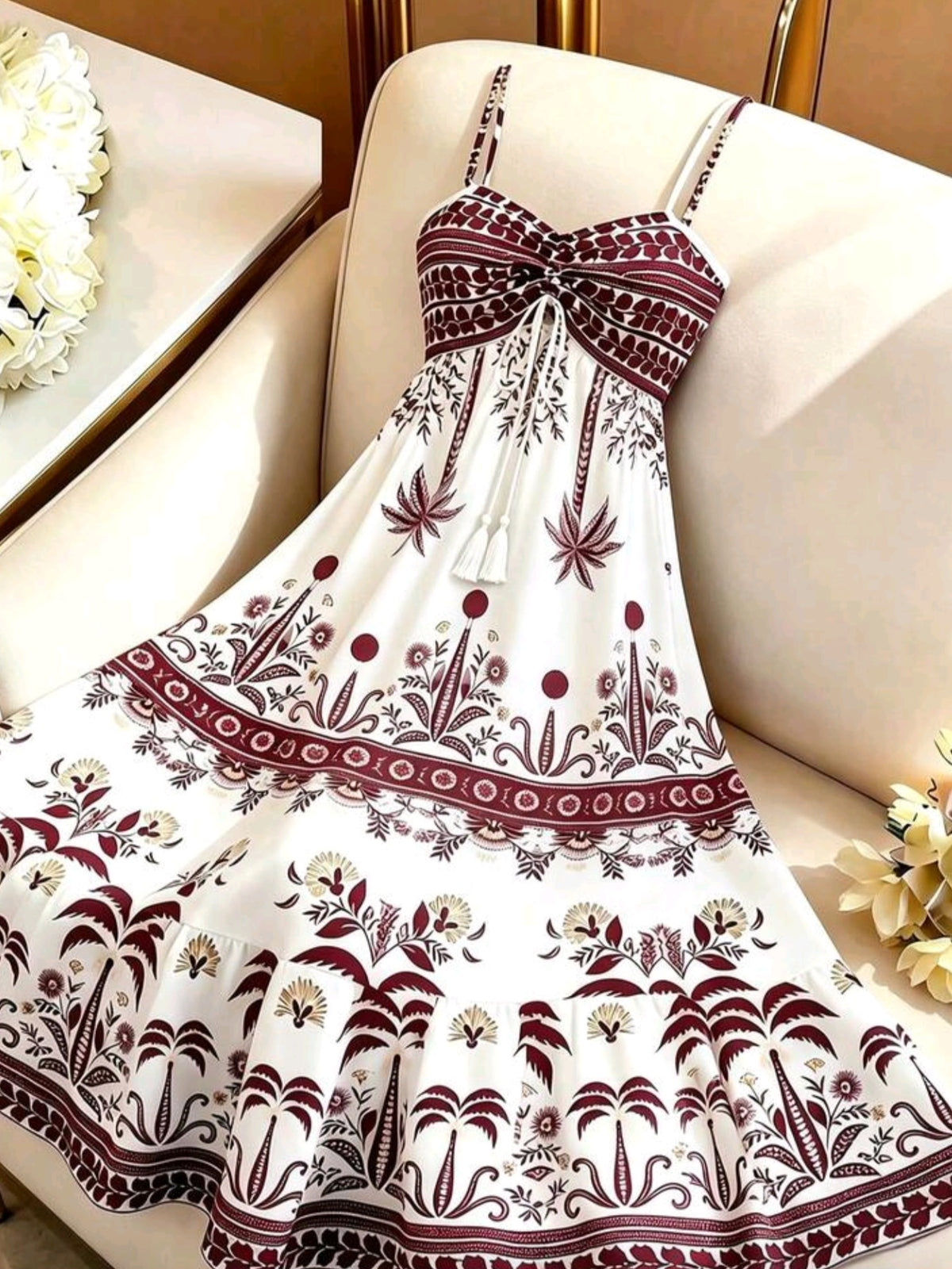 8891 Spaghetti Strap Tie Waist A-Line Maxi Dress