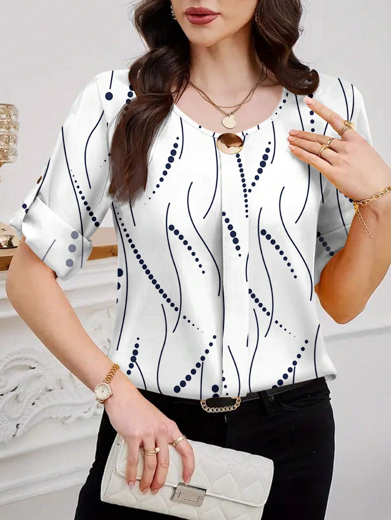 0044 Button Decorated Print Shirt