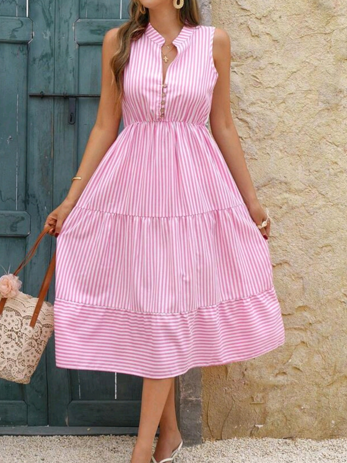 6268 Striped Print Notched Neck A-line Dress