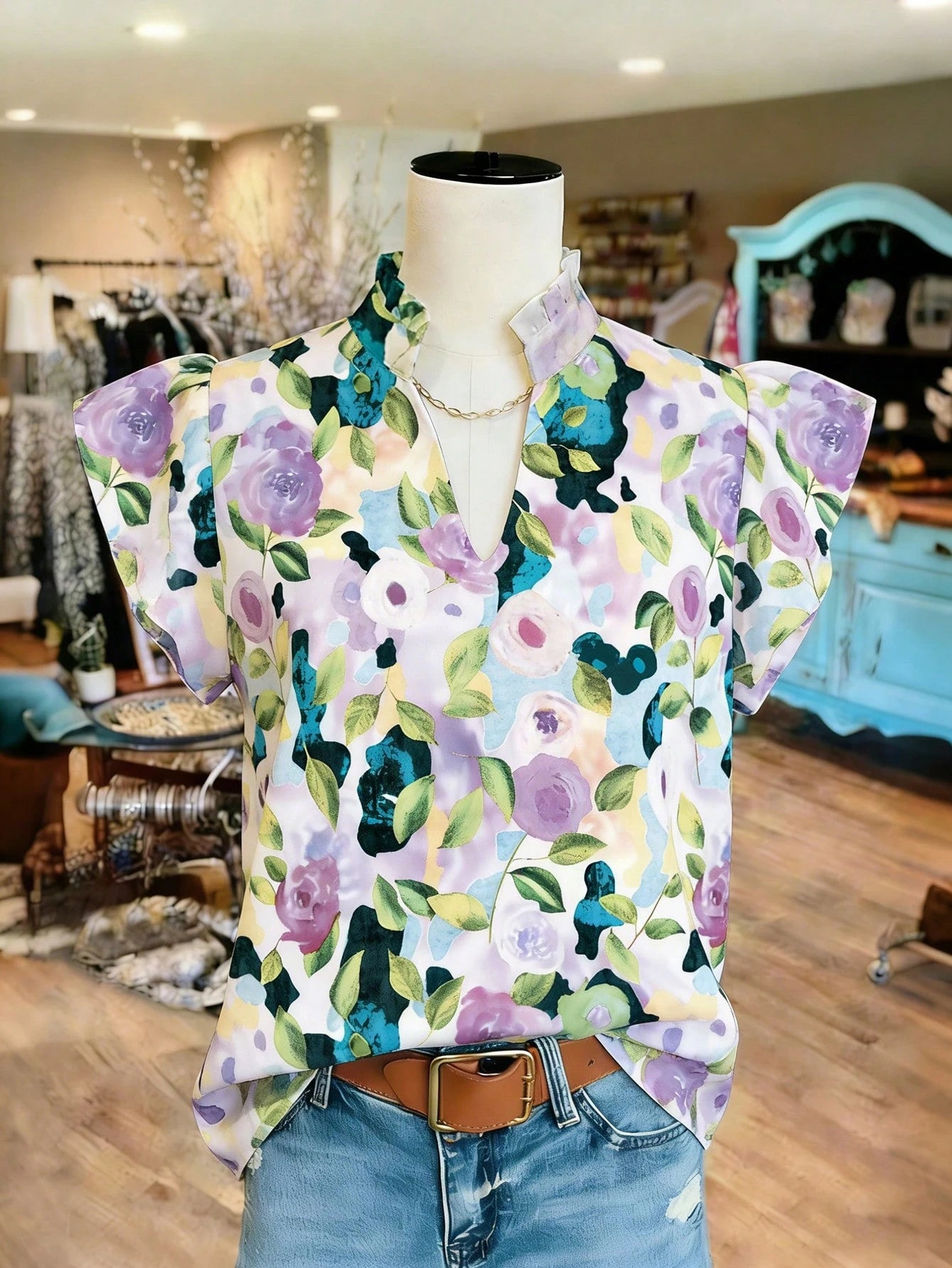 1315 Floral Blouse with Cap Puff Sleeves