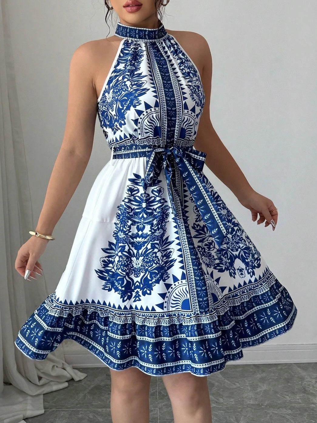 6845 Sleeveless High Neck Dress