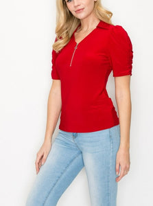 Ring Zipper Collar Puff Short Sleeve Knit Top.