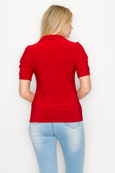 Ring Zipper Collar Puff Short Sleeve Knit Top.