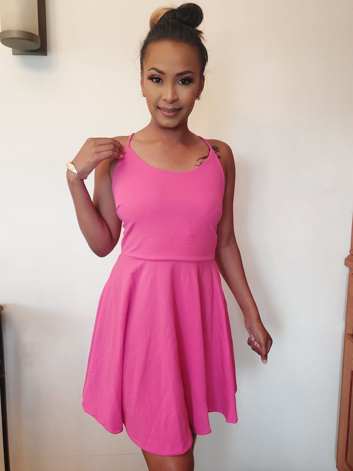 Scoop Neckline Cross Back Flared Mini Dress