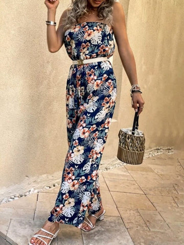 Floral Print Tube Wide Leg Jumpsuit (Without Belt)