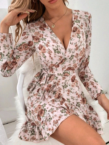 Belted Ruffle Trim Wrap Hem Dress