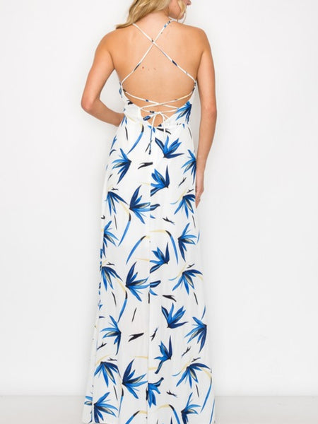 Lace Up back Floral Split Thigh Dress