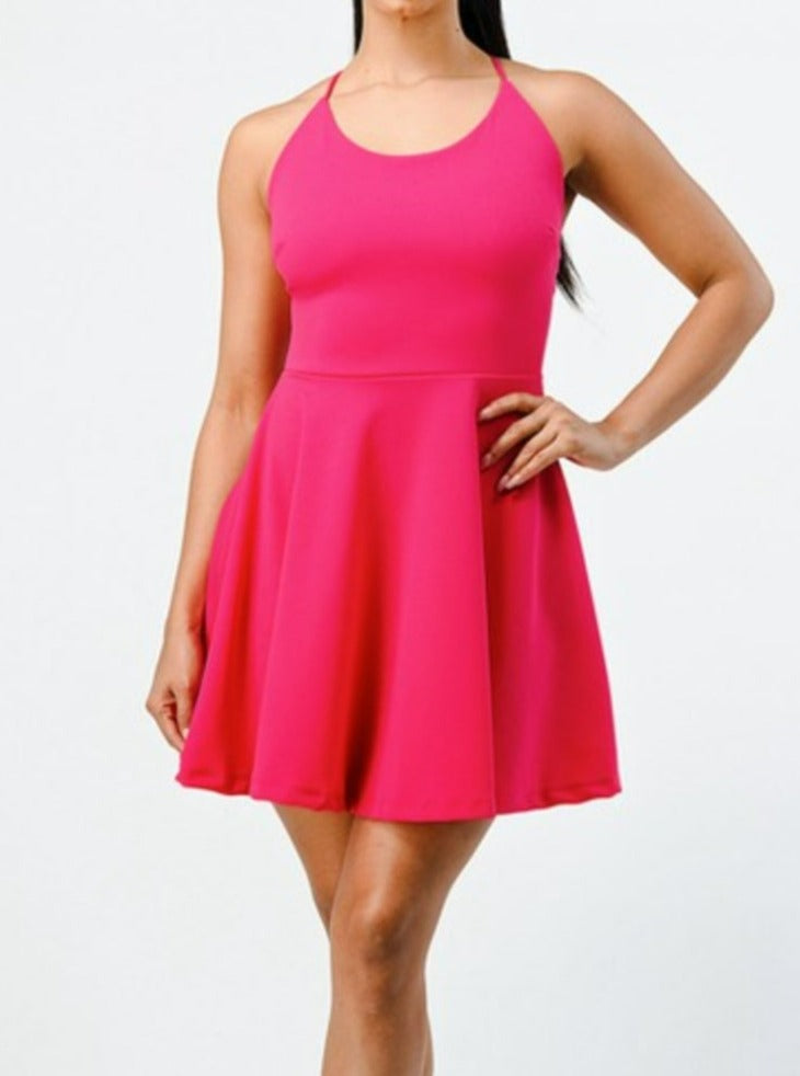 Scoop Neckline Cross Back Flared Mini Dress