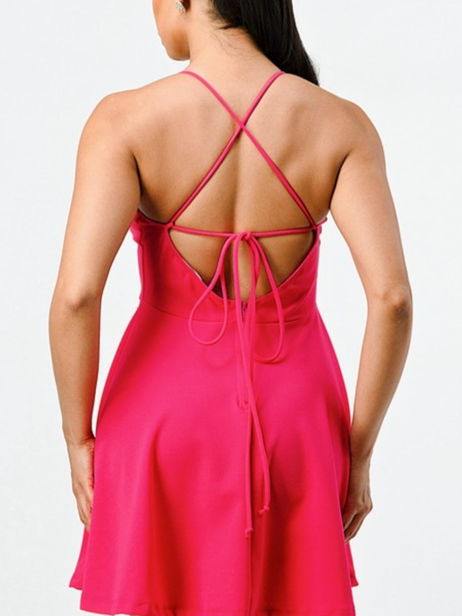 Scoop Neckline Cross Back Flared Mini Dress